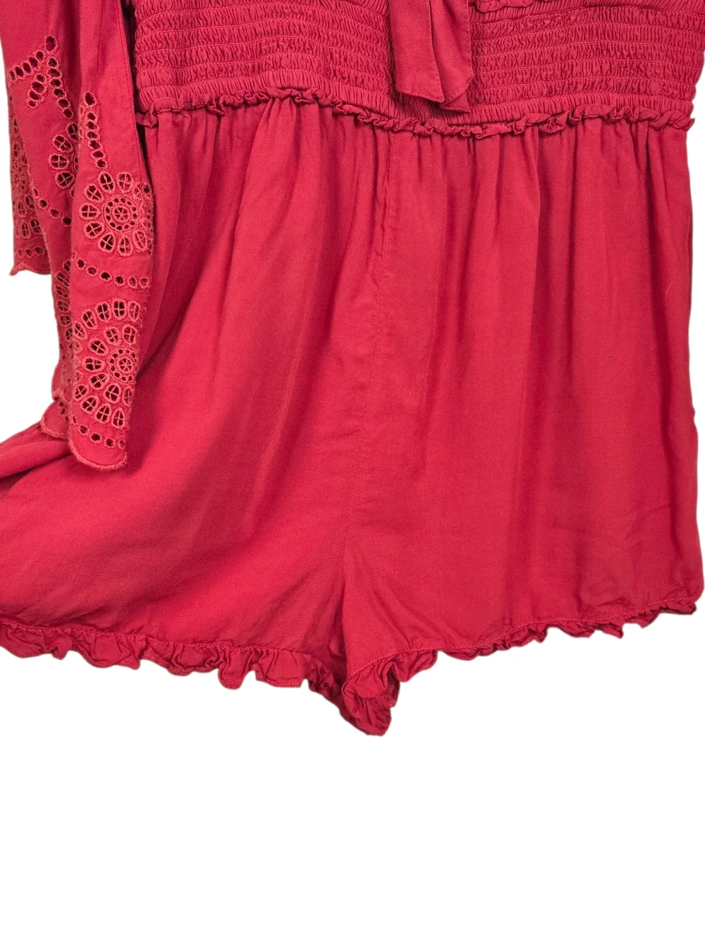 American Eagle Outfitters Blood Orange Tie-Front Romper with Eyelet Bell Sleeves - Picture 6 of 9
